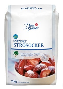 2 kg påse strösocker från Dansukker med bild av sockrade jordgubbar