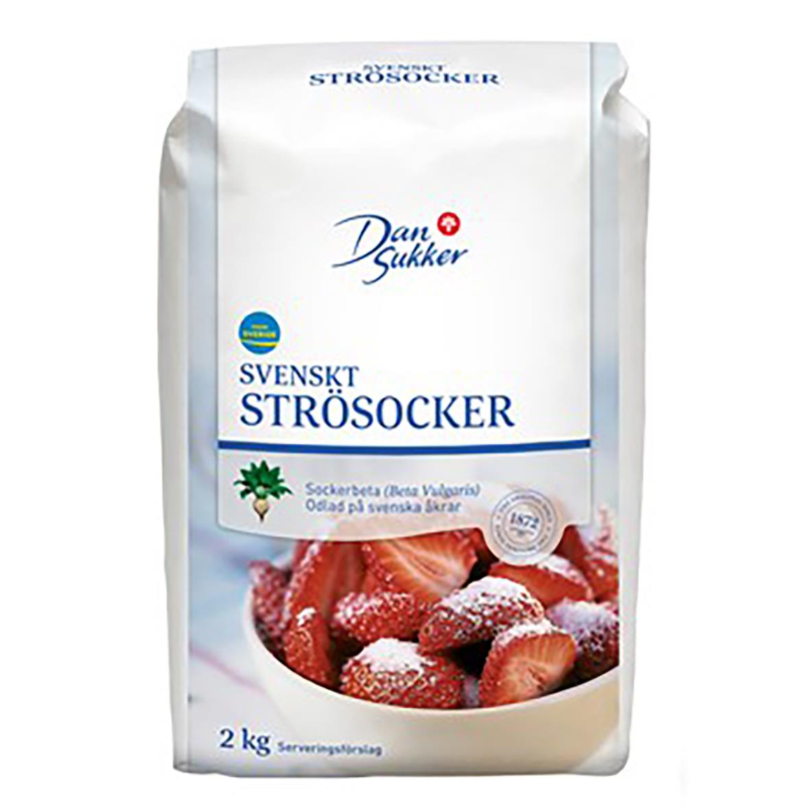 2 kg påse strösocker från Dansukker med bild av sockrade jordgubbar