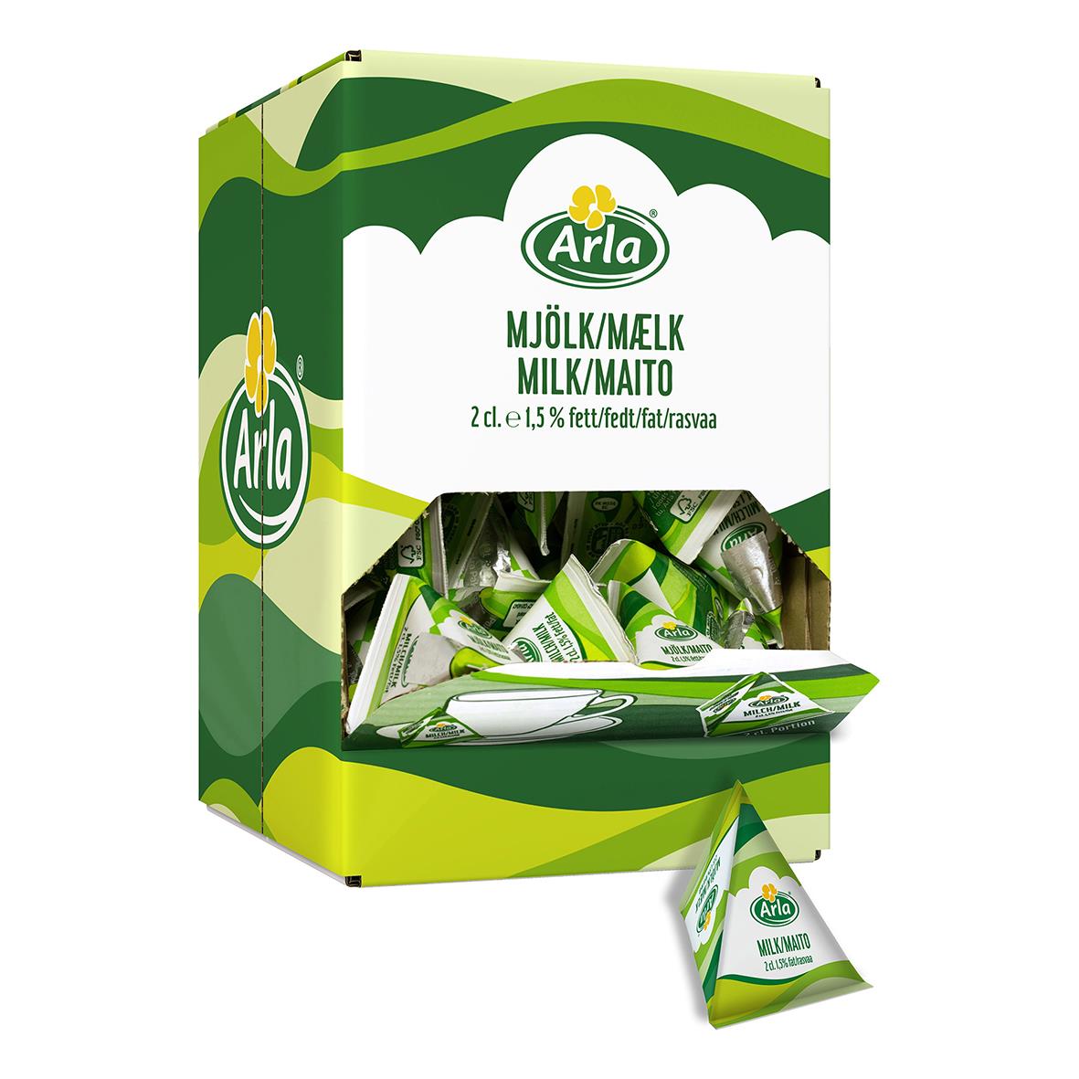 Kaffemjölk Arla 1,5% i små förpackningar i en display