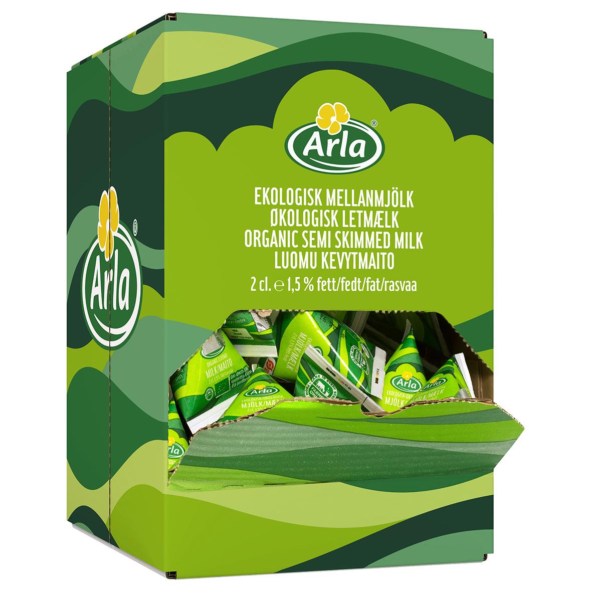 Kaffemjölk Arla Ekologisk 2cl i grönt förpackning med Arla-logga och text om ekologisk semi skummad mjölk