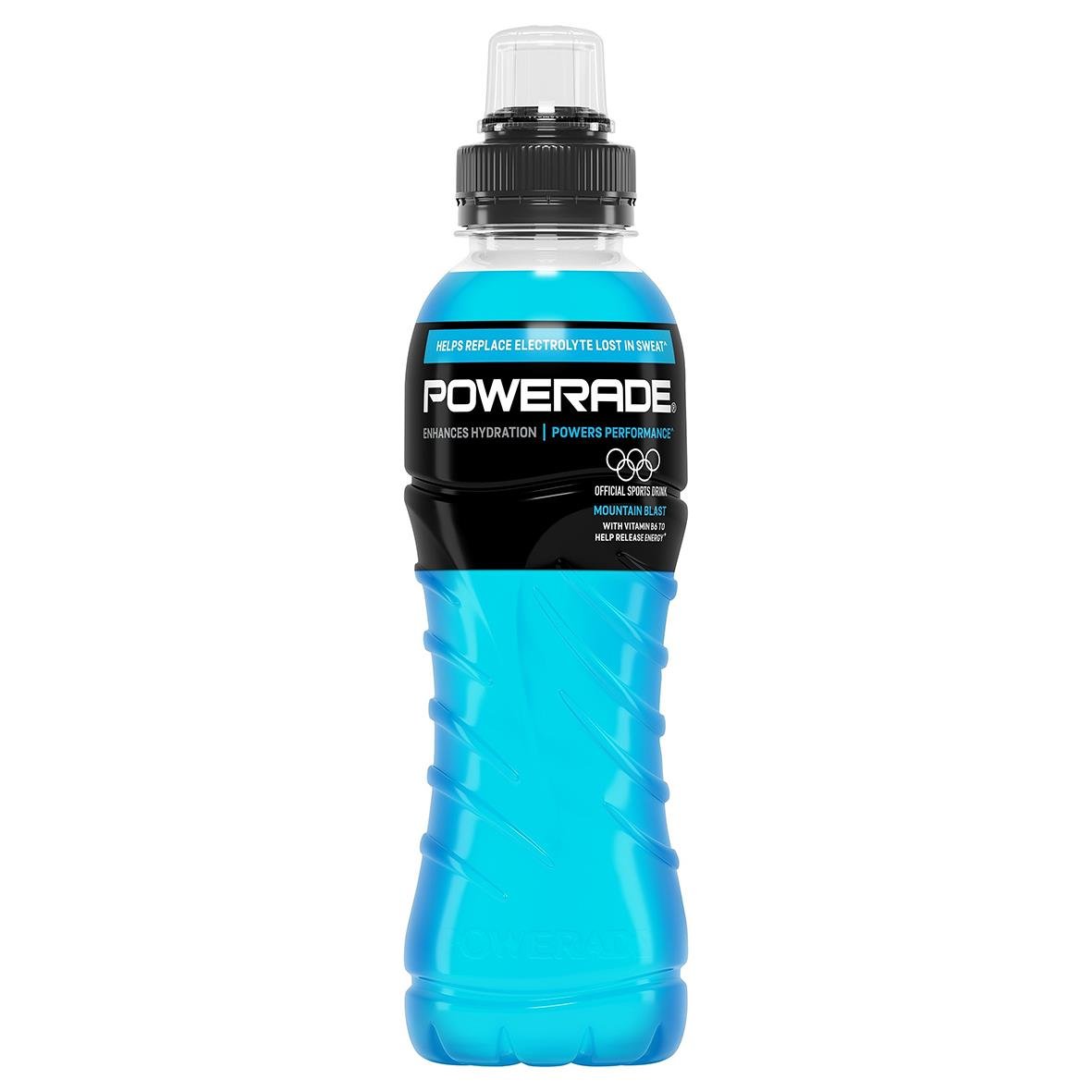 Sportdryck Powerade Mountain Blast 50cl i blå flaska med lock och inkluderad pant