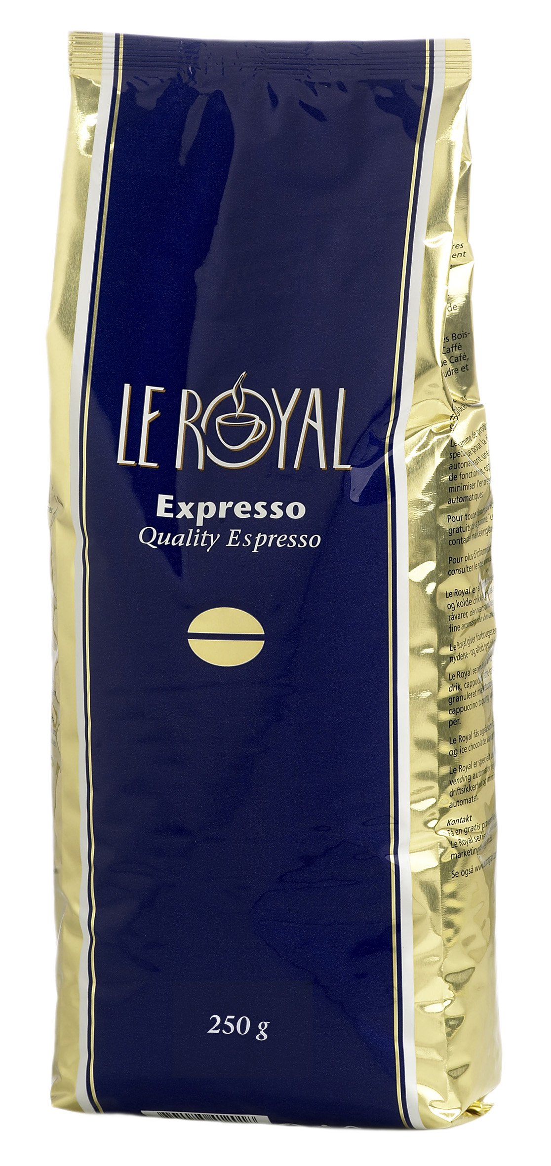 Förpackning av Le Royal Espresso 250g snabbkaffe i blå och guld färg