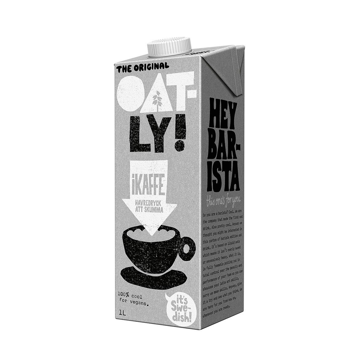 Havredryck Oatly iKaffe 1L i kartong med text och bild av kaffekopp