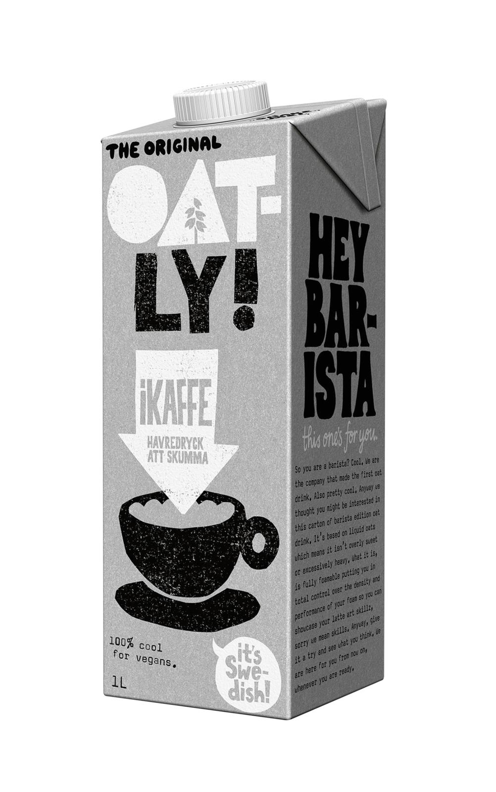 Havredryck Oatly iKaffe 1L i kartong med text och bild av kaffekopp