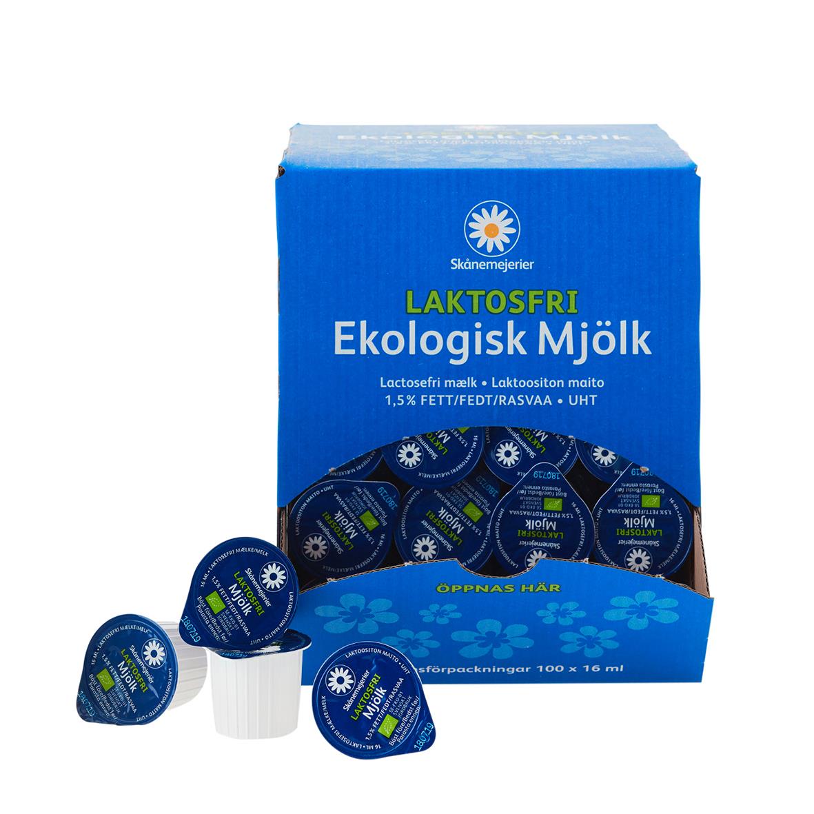 Kaffemjölk Skånemejerier Ekologisk Laktosfri 1,6cl i blått paket och kapslar