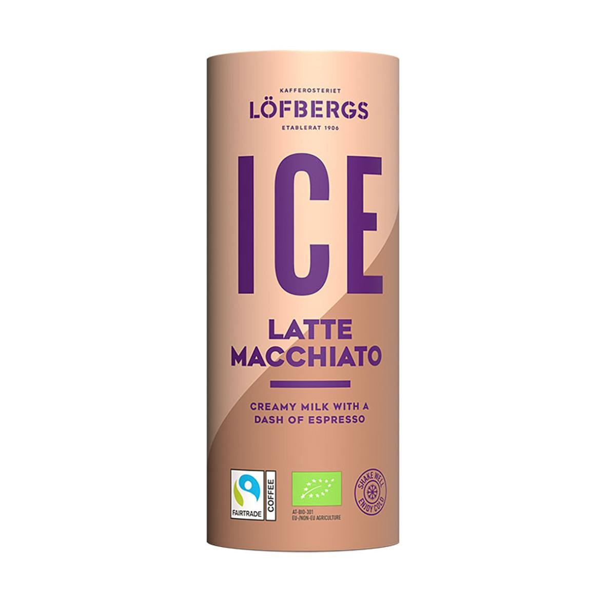 Löfbergs Ice Latte Macchiato i 230ml burk med guldfärgad design och stor text