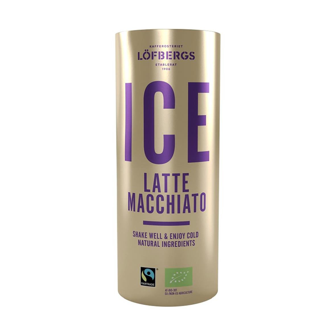 Löfbergs Ice Latte Macchiato i 230ml burk med guldfärgad design och stor text