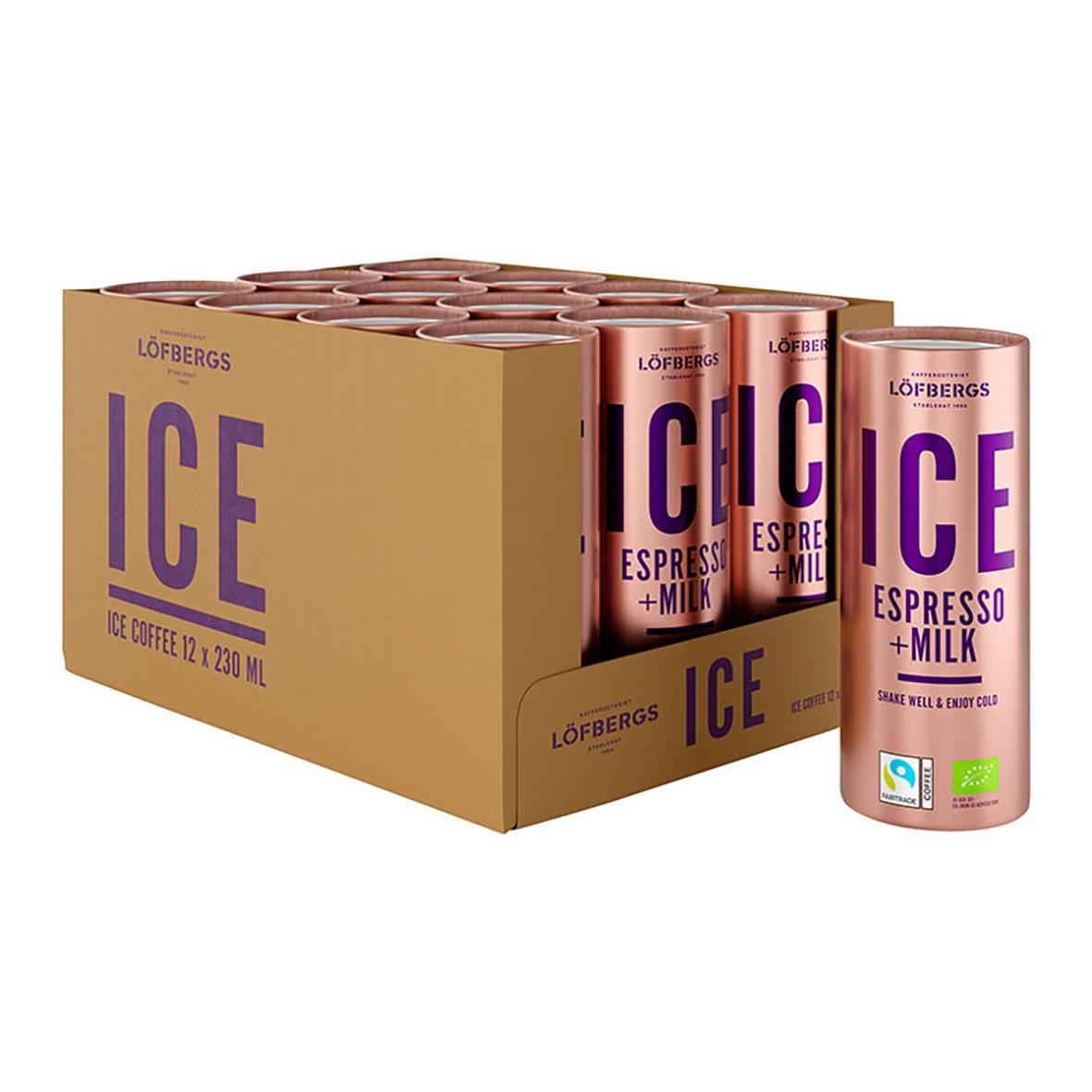 Löfbergs Ice Espresso + Milk dryck i rosa förpackning med gröna certifieringar och text om att skaka och njuta kallt