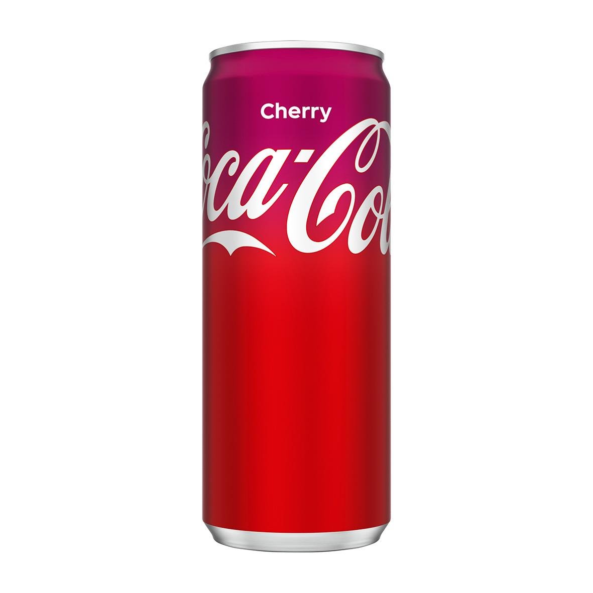 Ljuslila och röd Coca-Cola Cherry Burk 33cl med text och logo