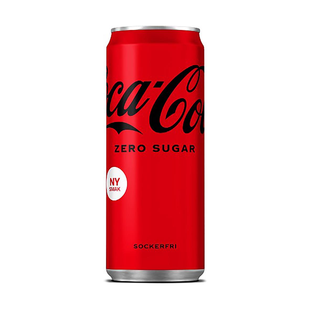 Liten 33cl Coca-Cola Zero burk med röd design och text Zero Sugar inklusive pant