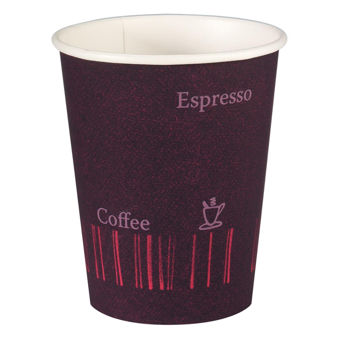 Pappersmugg Duni Coffee Quick Mönstrad 20cl i mörkröd med text och kaffemotiv
