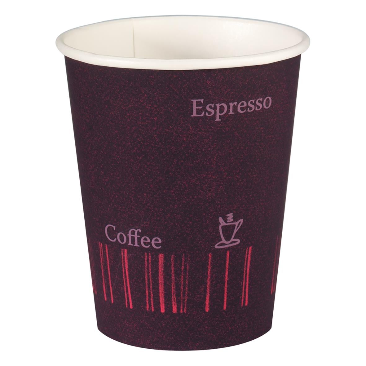 Pappersmugg Duni Coffee Quick Mönstrad 20cl i mörkröd med text och kaffemotiv