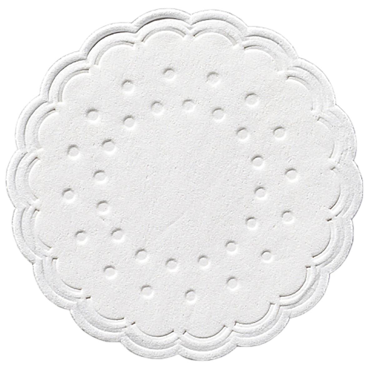 Vit glasunderlägg Duni 8-lag, 7,5 cm diameter med scalloped kant