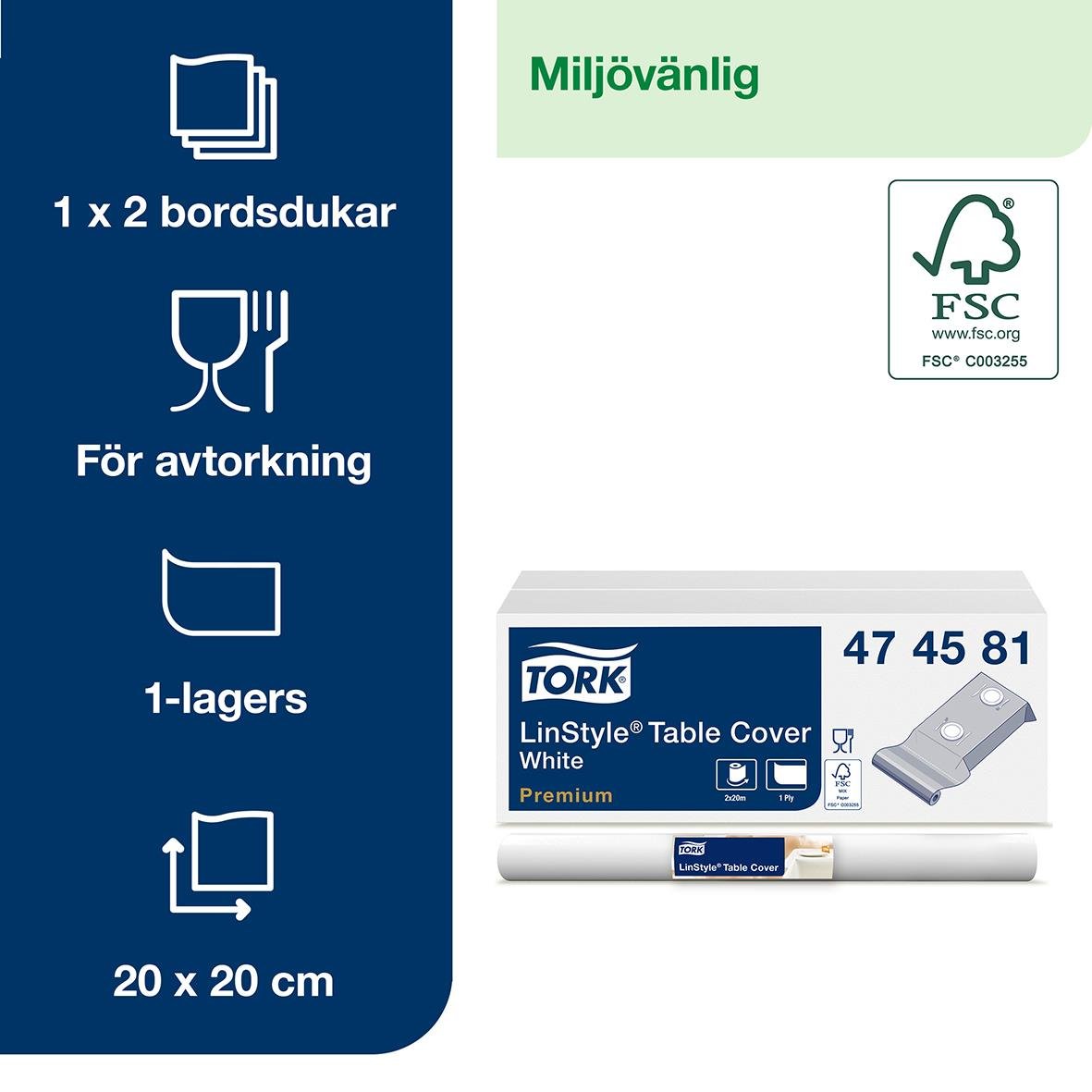 Vit duk Tork LinStyle 1,2x20m för bordskantning, miljövänlig, 20x20 cm, för avtorkning