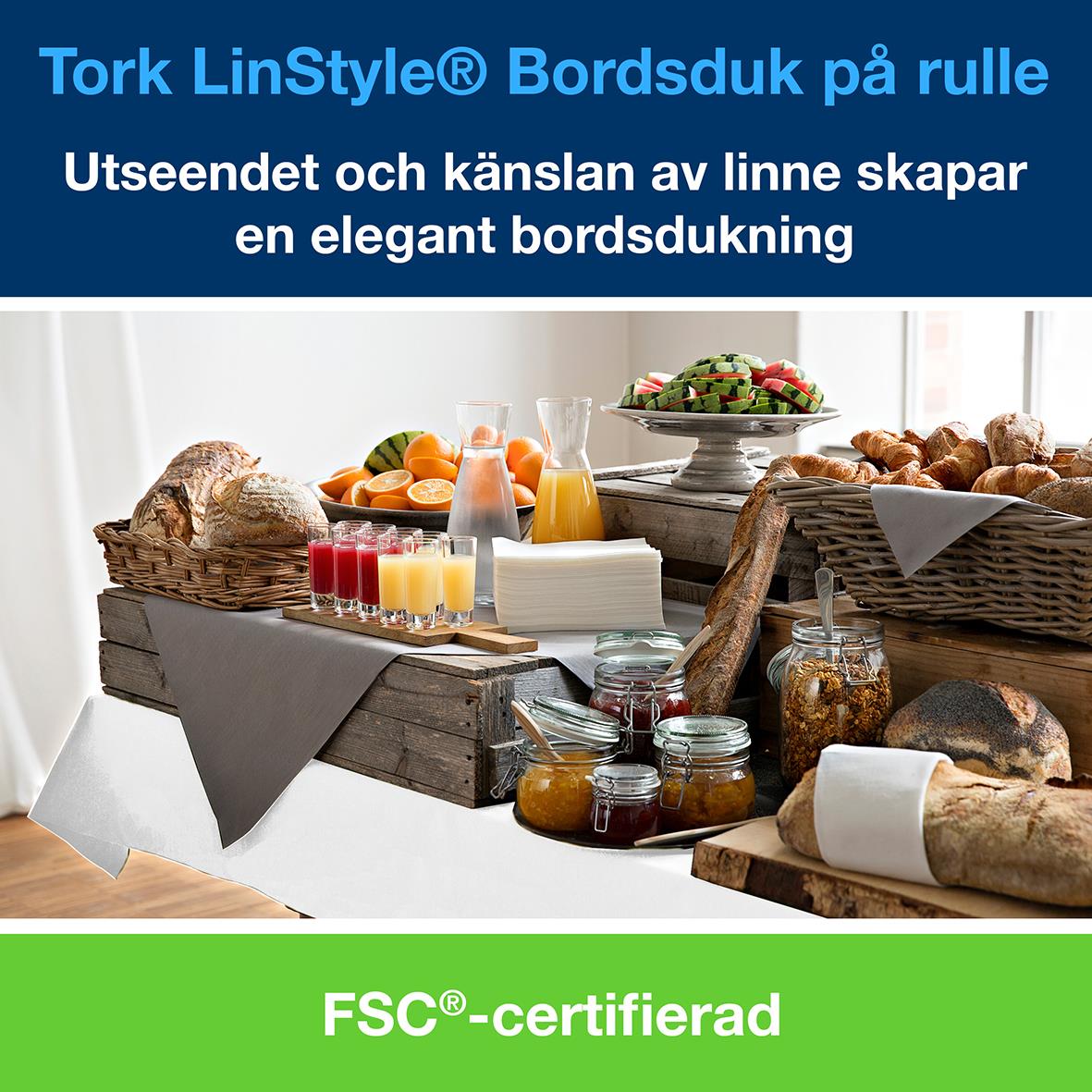 Duk Tork LinStyle Vit 1,2x20m på bord med frukost och drycker