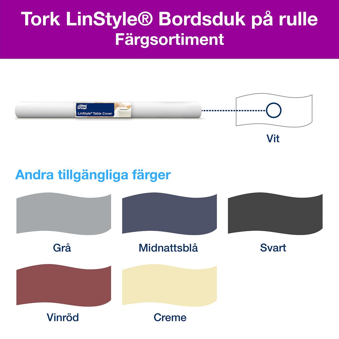 Vit duk Tork LinStyle på rulle 1,2x20m med färgprover i grå, midnattsblå, svart, vinröd och creme