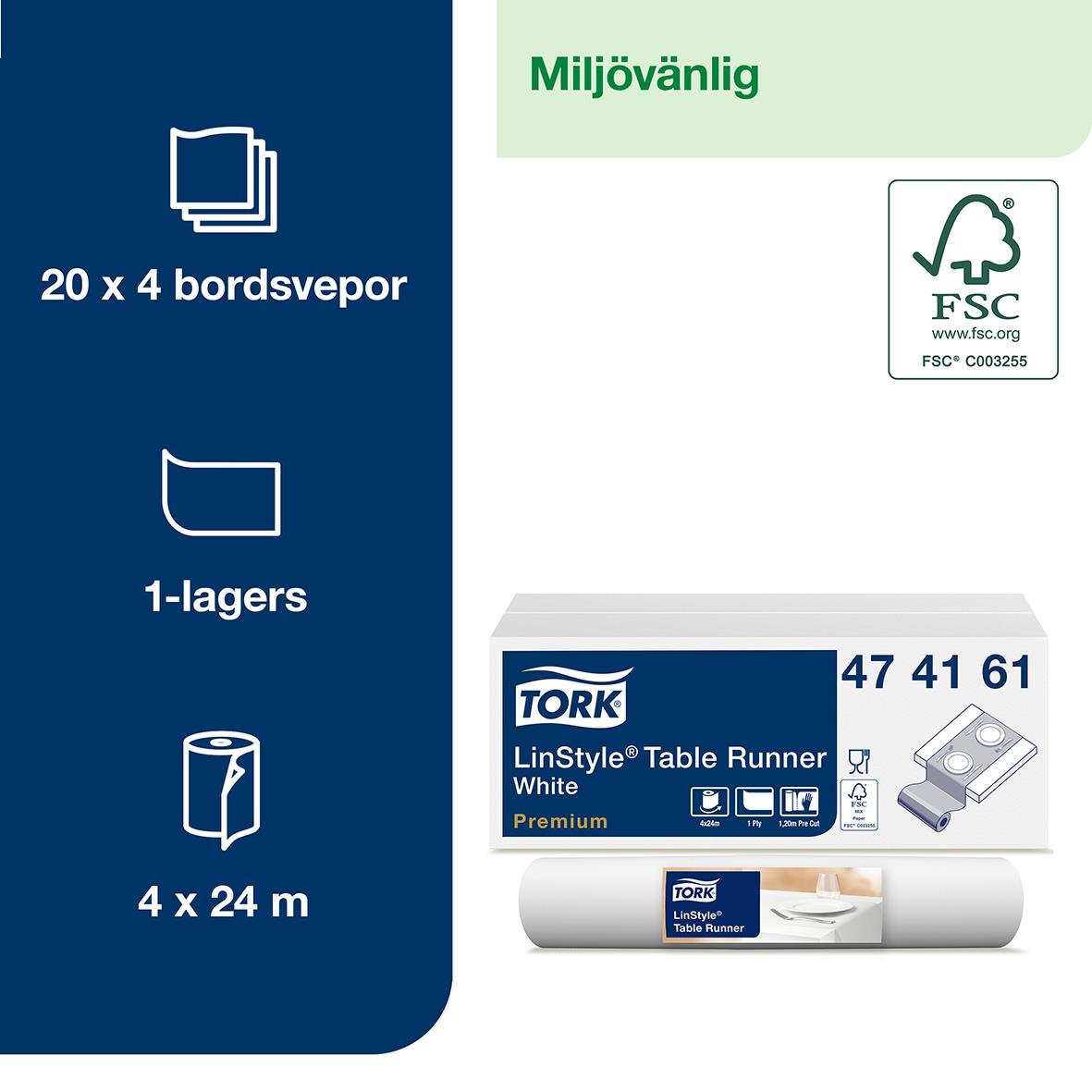 Vepa Tork LinStyle Vit 0,4x24m för bordsväggar, 20x4 ark, 4x24 m, miljövänlig
