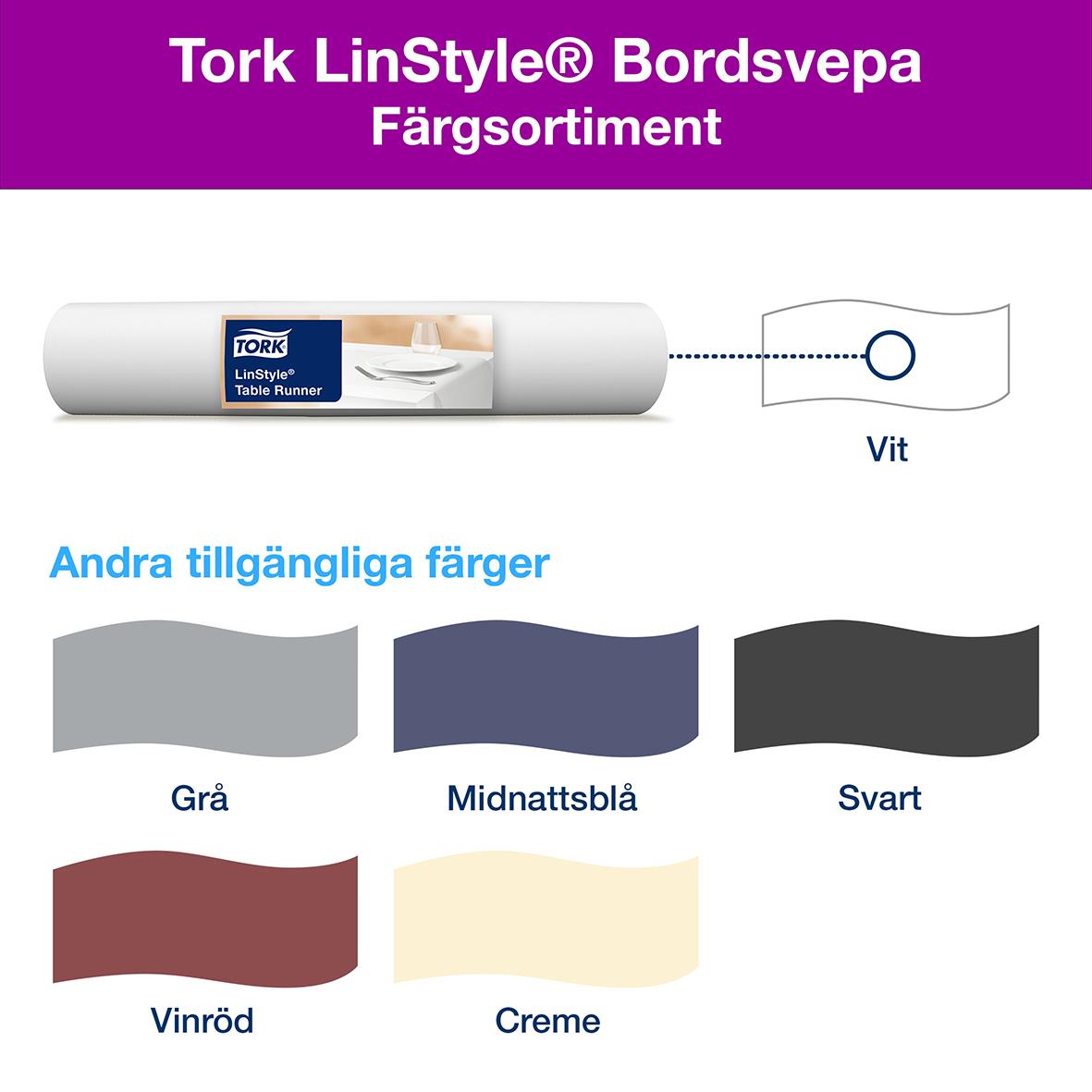 Vit Tork LinStyle bordsväv i rulle 0,4x24m med färgvalen grå, midnattsblå, svart, vinröd och creme