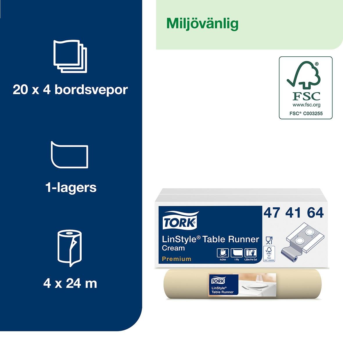 Vepa Tork LinStyle Cream bordsväv 0,4x24m, miljövänlig, 20 x 4 ark, 1-lagers