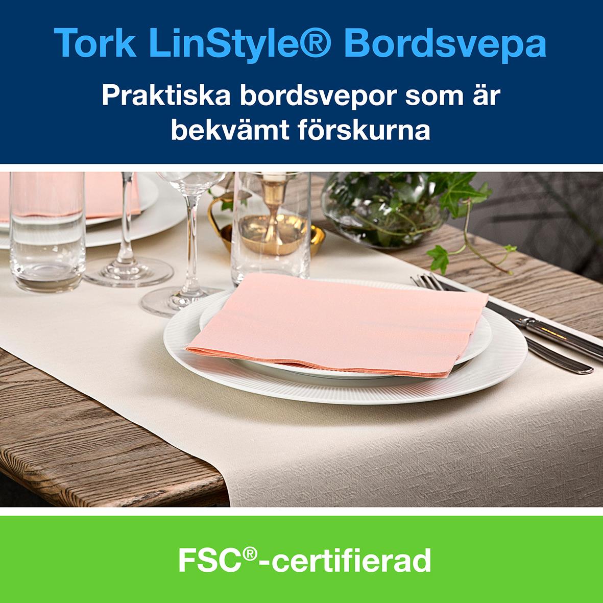 Vepa Tork Linstyle Cream 0,4x24m praktiska och bekväma bordsvorper på ett dukat bord