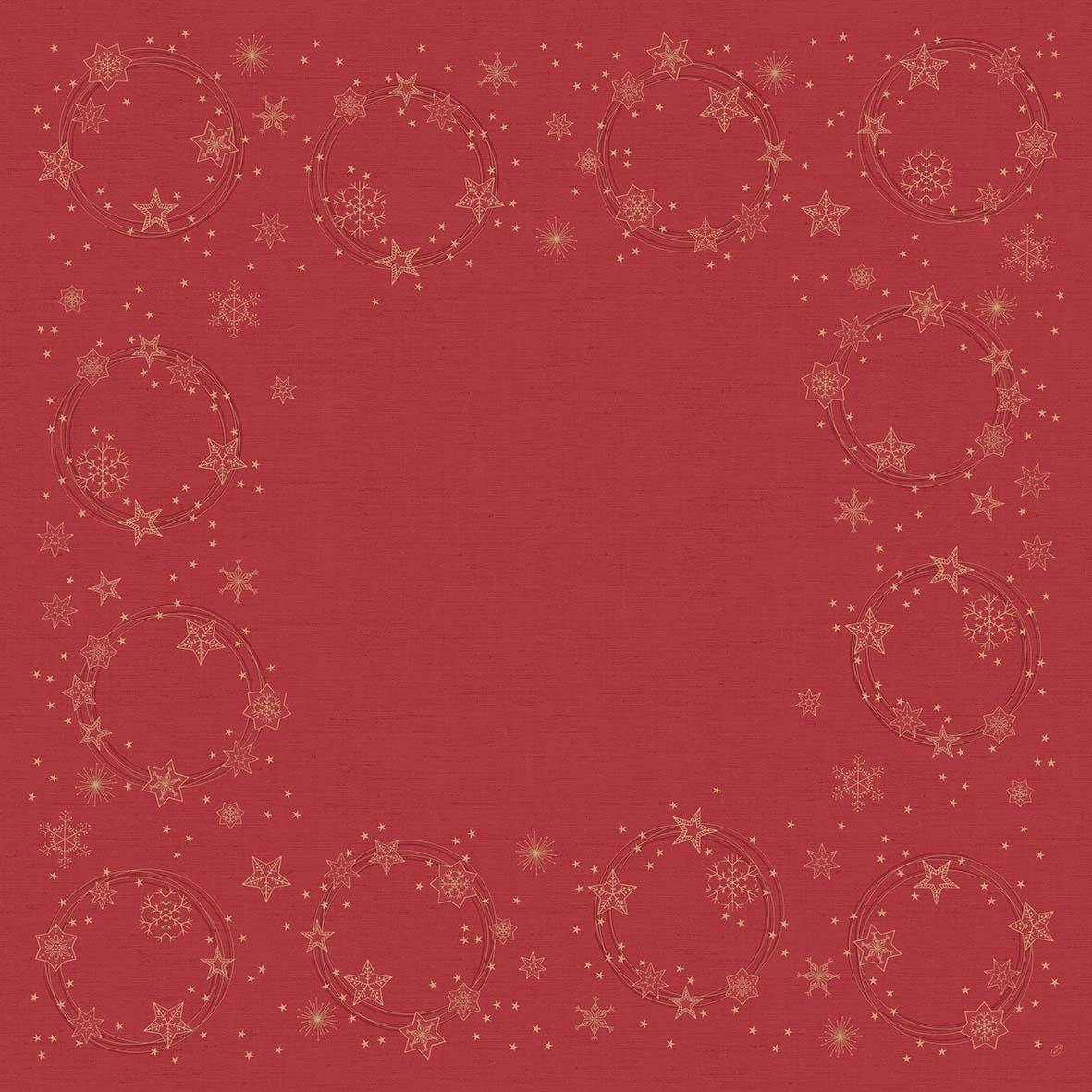 Röd julduk med guldstjärnor och snöflingor i cirklar, 84x84cm