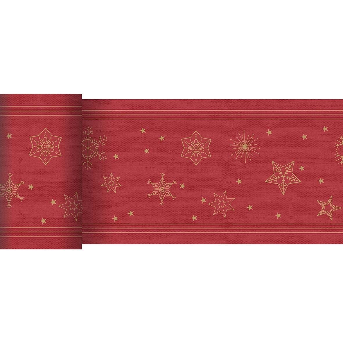 Röd löpare med guldstjärnor och snöflingor för fest eller juldekoration, 15cm x 20m