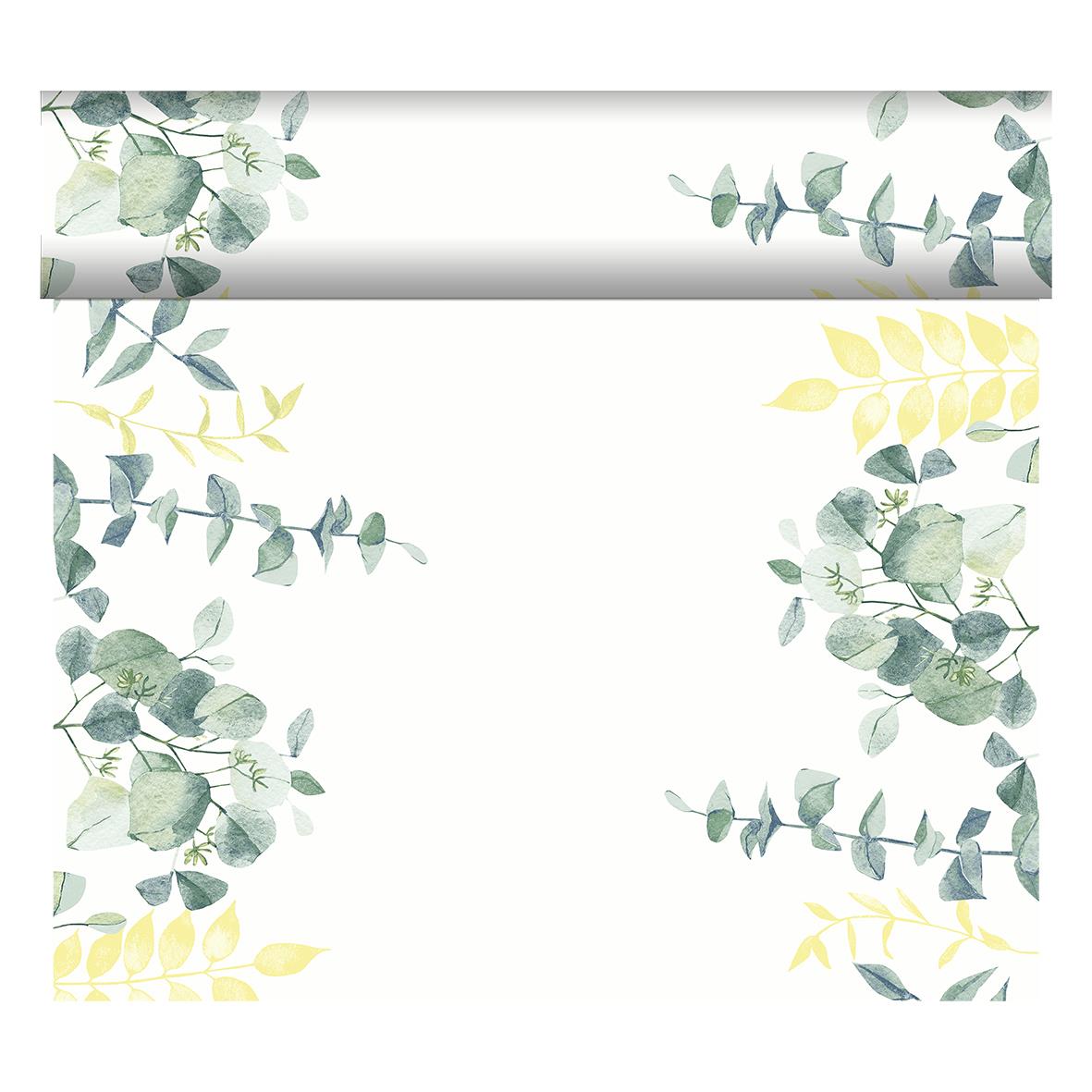 Vepa Duni Dunicel Spire 0,4x24m med gröna och gula växtmönster på vit bakgrund