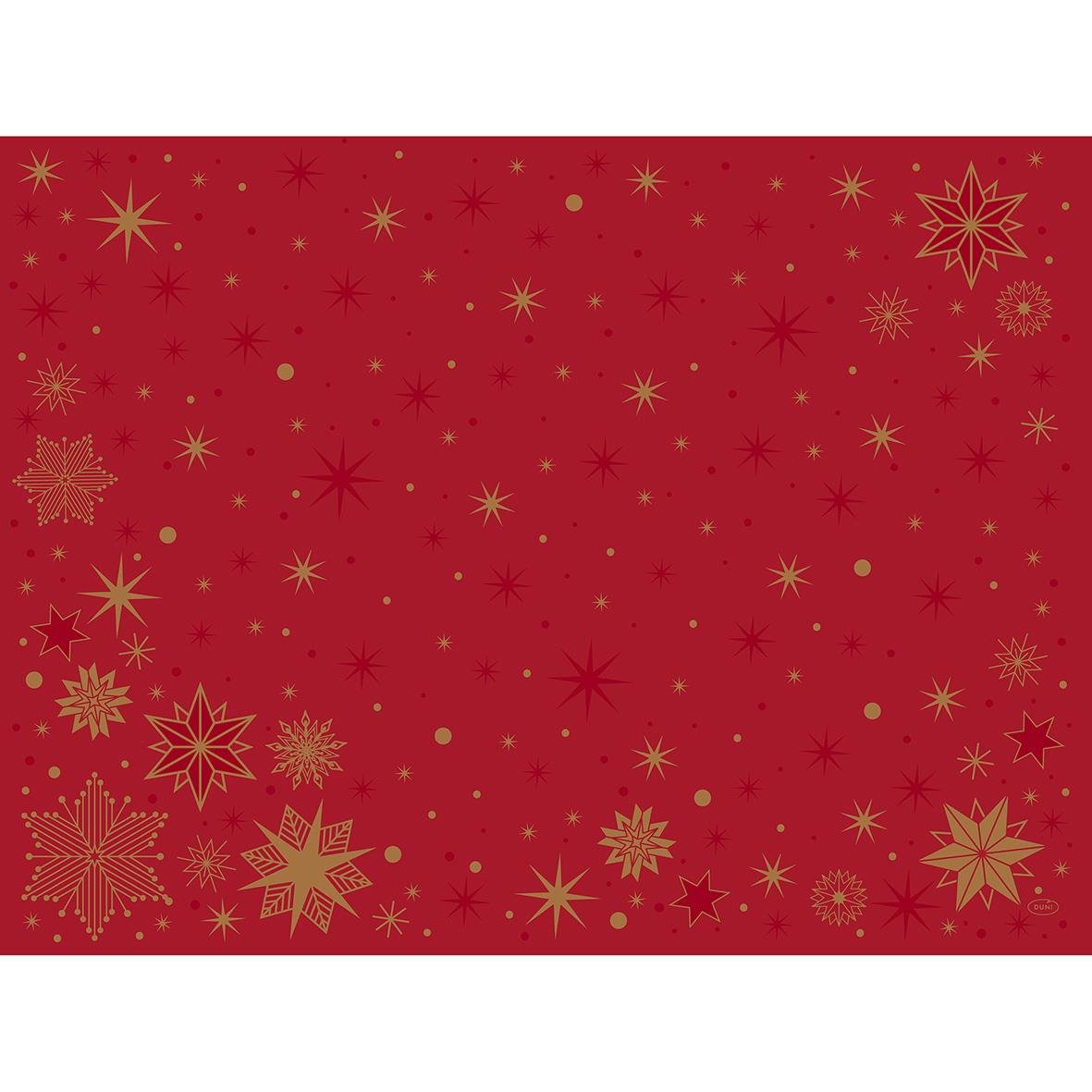 Röd julinspirerad Duni Stargazing Dunicel Bio tablet med guldstjärnor och snöflingor
