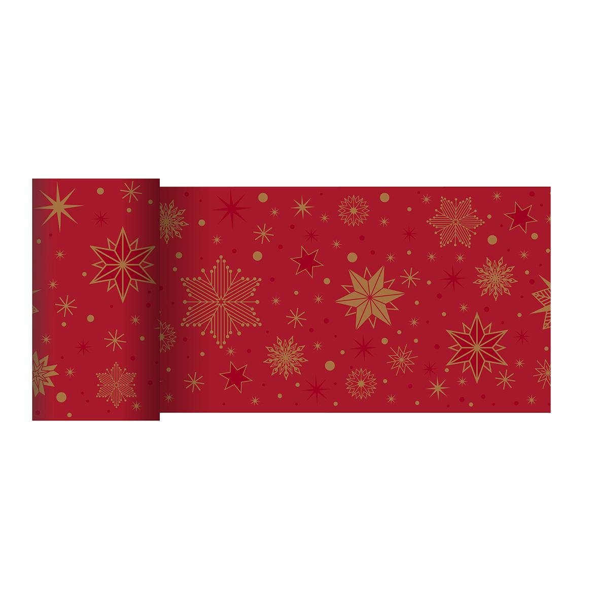 Röd löpare med guldstjärnor och snöflingor för juldekoration, 0,15x20m