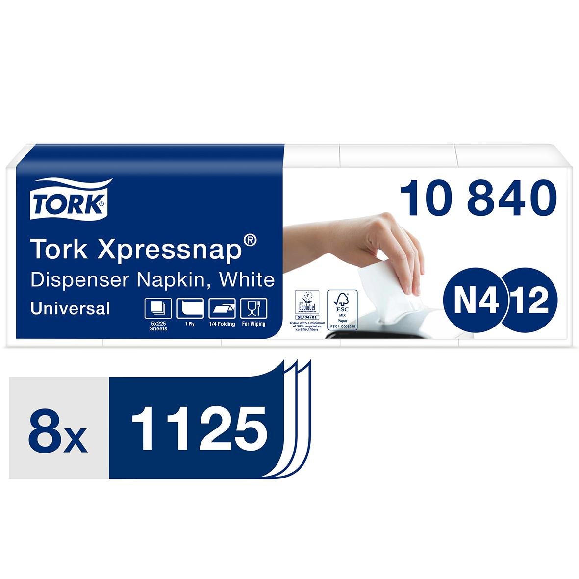 Dispenserservett Tork N4 1-lag vit 21,3x33cm i förpackning med 8 st
