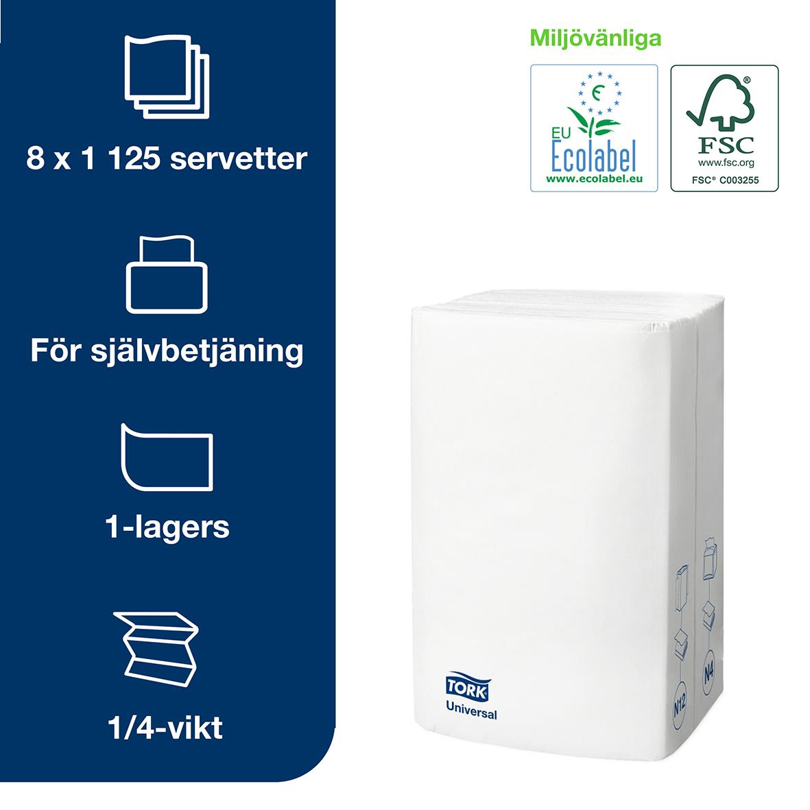 Tork N4 1-lags vit dispenserservett 21,3x33cm för självbetjäning, 8 paket med 125 servetter