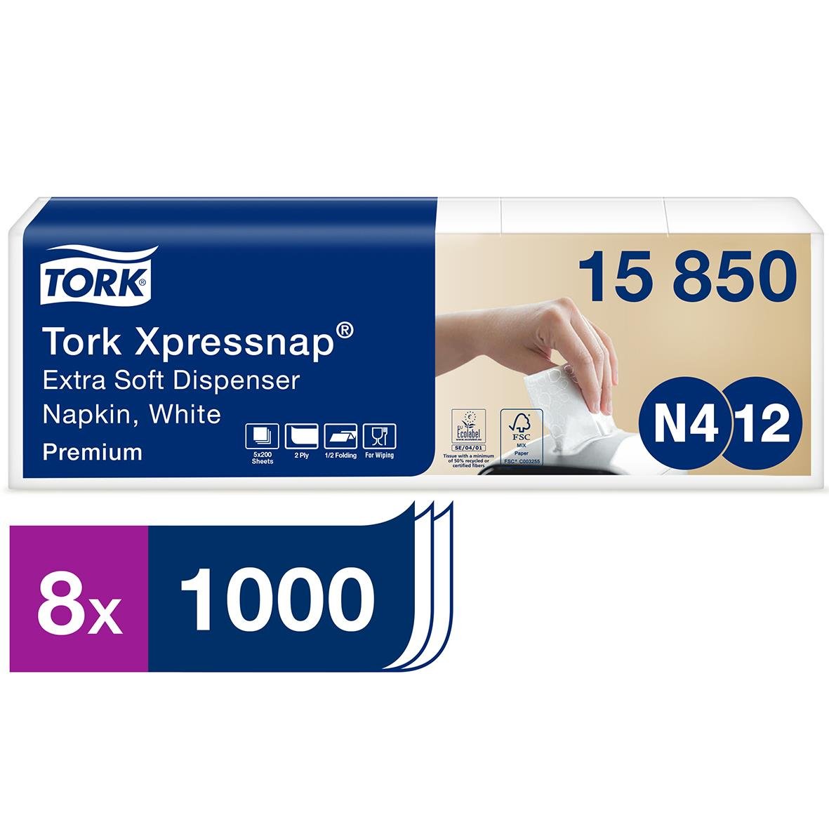 Tork Xpressnap extra mjuk dispenserservett i vit, 2-lag, 16,5x21,3cm, 8 paket med 1000 ark