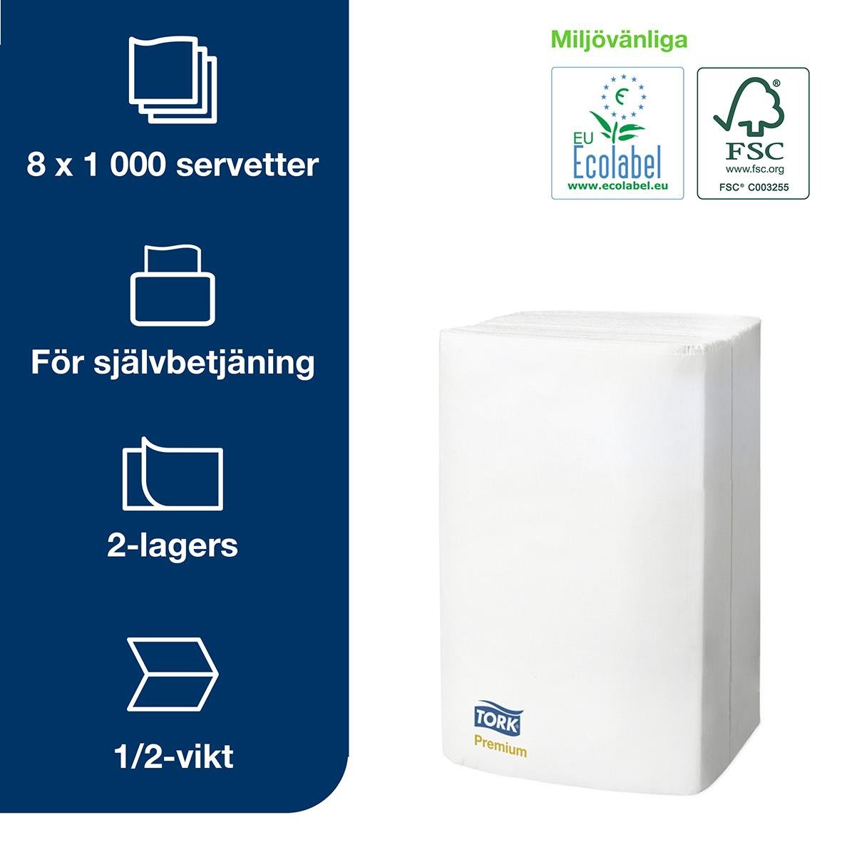 Tork N4 2-lags vit dispenserservett 16,5x21,3cm för självbetjäning, 8 paket med 1000 servetter