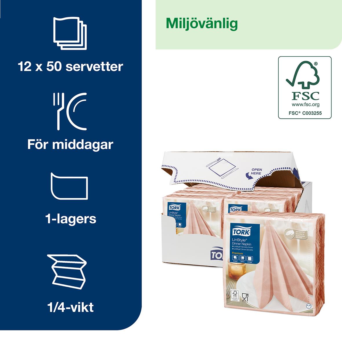 Servett Tork Linstyle Korall 39x39cm, 12x50 servetter för middagar, 1-lagers, 1/4-vikt, miljövänlig