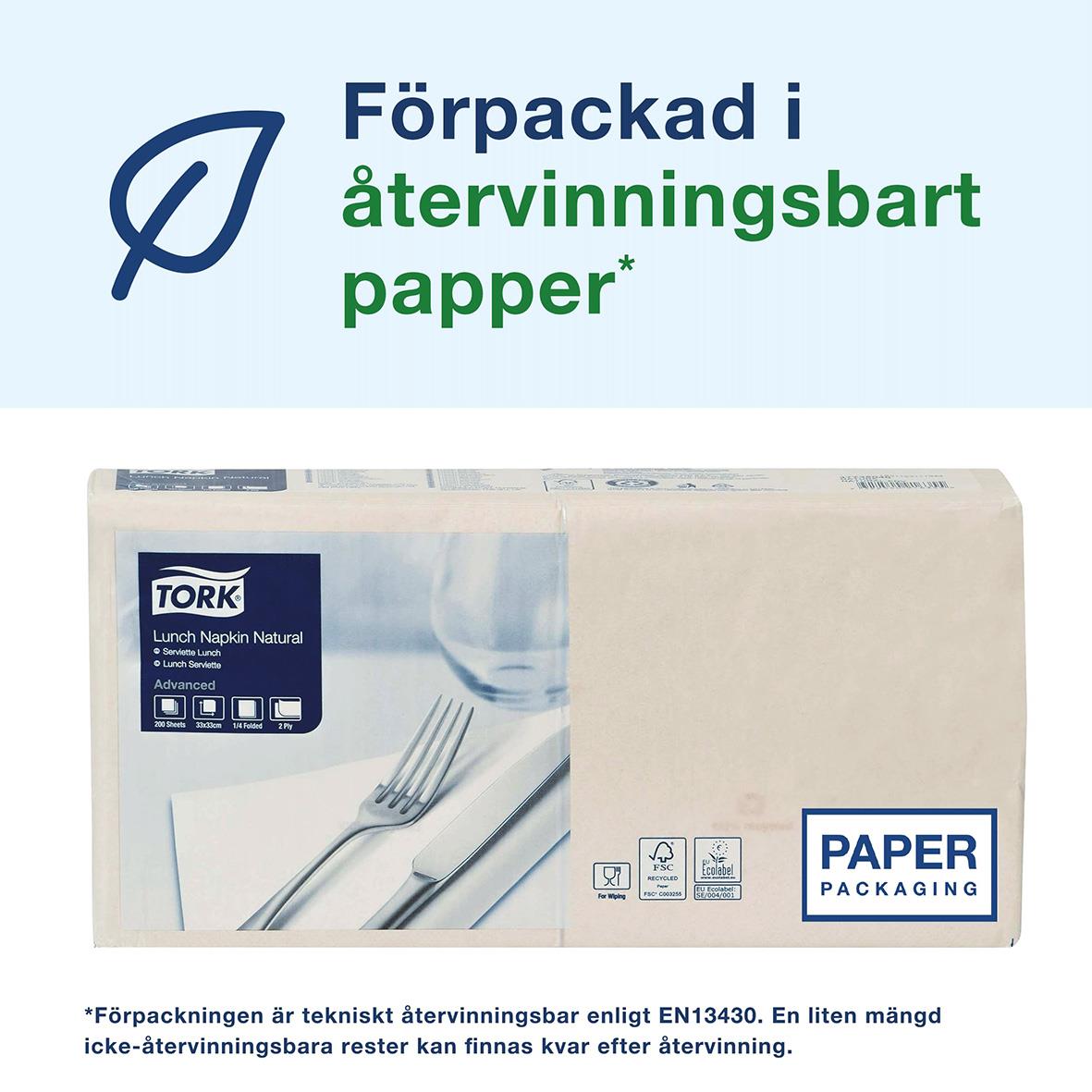Förpackning av servetter Tork Miljötryck 2-lag natur 33x33cm i återvinningsbart papper