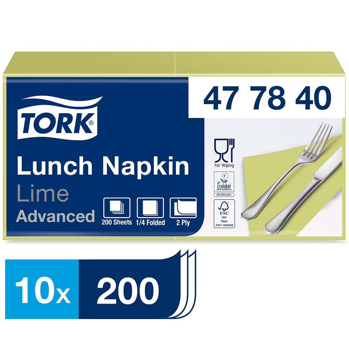 Servett Tork Lime 2-lag, 33x33cm, 200 st, 10-pack, för mat, lunch