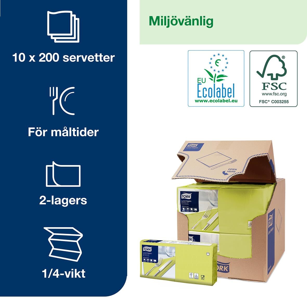Servett Tork 2-lag Lime 33x33cm för måltider, 10x200 servetter, miljövänlig, 2-lagers, 1/4-vikt