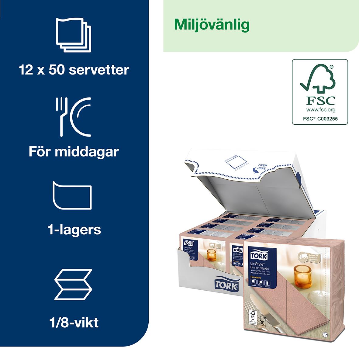Servett Tork LinStyle 1/8 Vikt Korall 39x39cm för middagar, 12x50 servetter, miljövänlig, 1-lagers