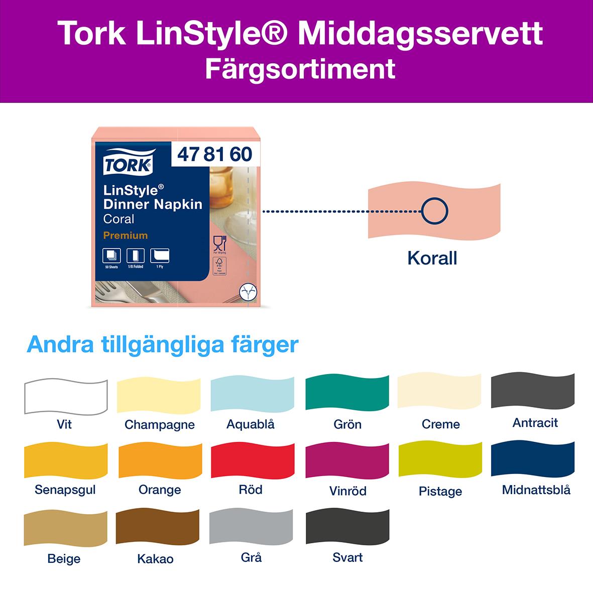 Servett Tork LinStyle 1/8 Vikt Korall 39x39cm, paket med korallfärgad middagsservett