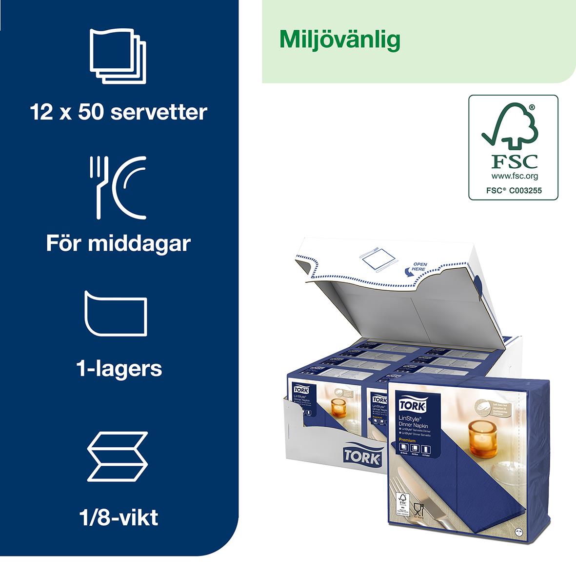 Servett Tork LinStyle 1/8 Vikt Midnattsblå 39x39cm, för middagar, 12x50 servetter, miljövänlig, 1-lagers, 1/8-vikt