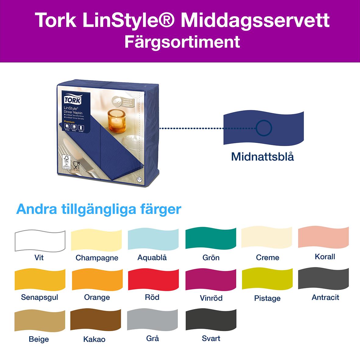 Servett Tork LinStyle 1/8 Vikt Midnattsblå 39x39cm, paket med text och färgprov, visar olika färgalternativ inklusive midnattsblå