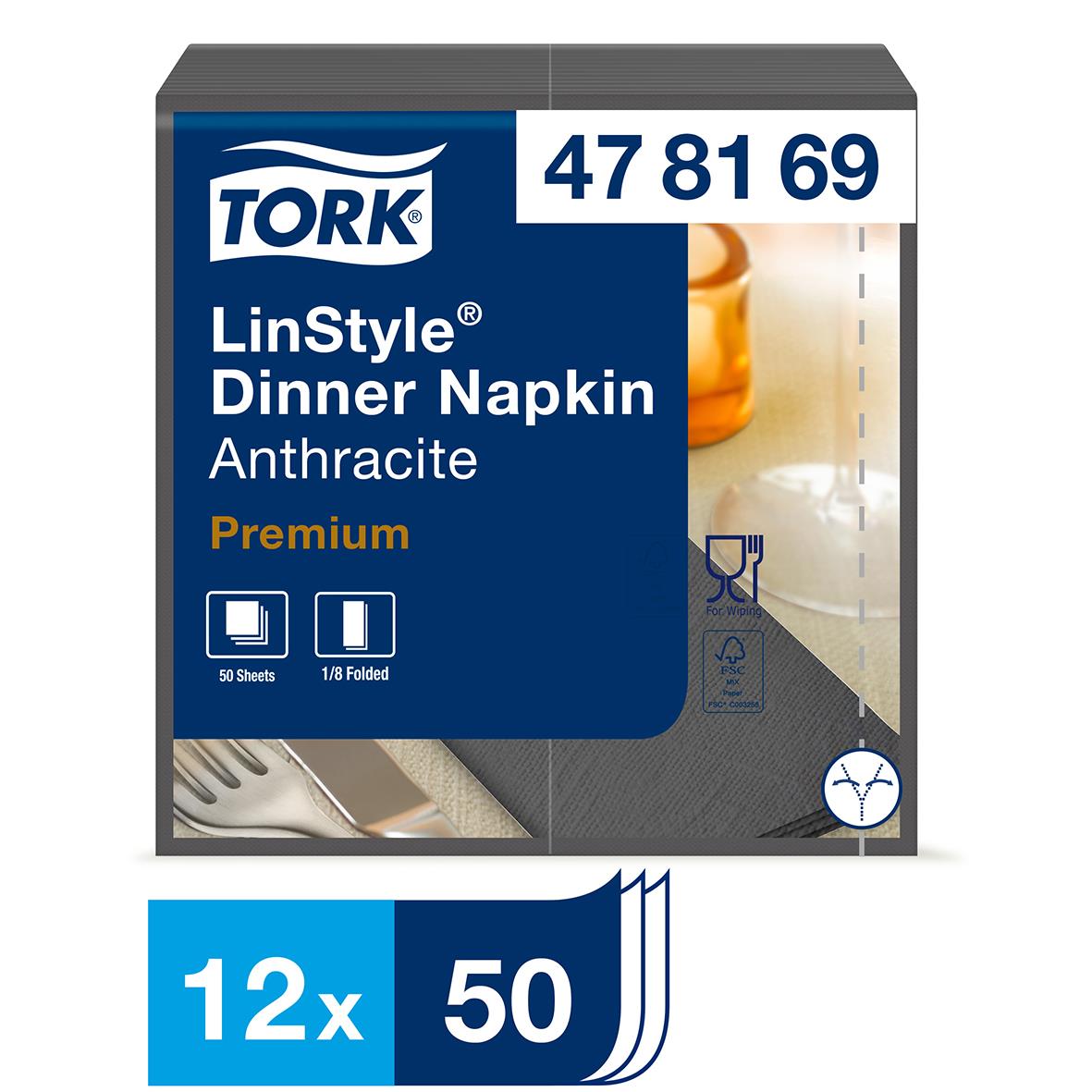 Tork LinStyle middagsservetter i antracit, 39x39cm, 12-pack, 50 ark per paket