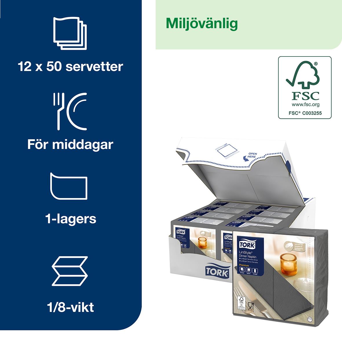 Förpackning med 12x50 servetter i antracit färg, 39x39cm, miljövänlig, 1-lagers, 1/8-vikt