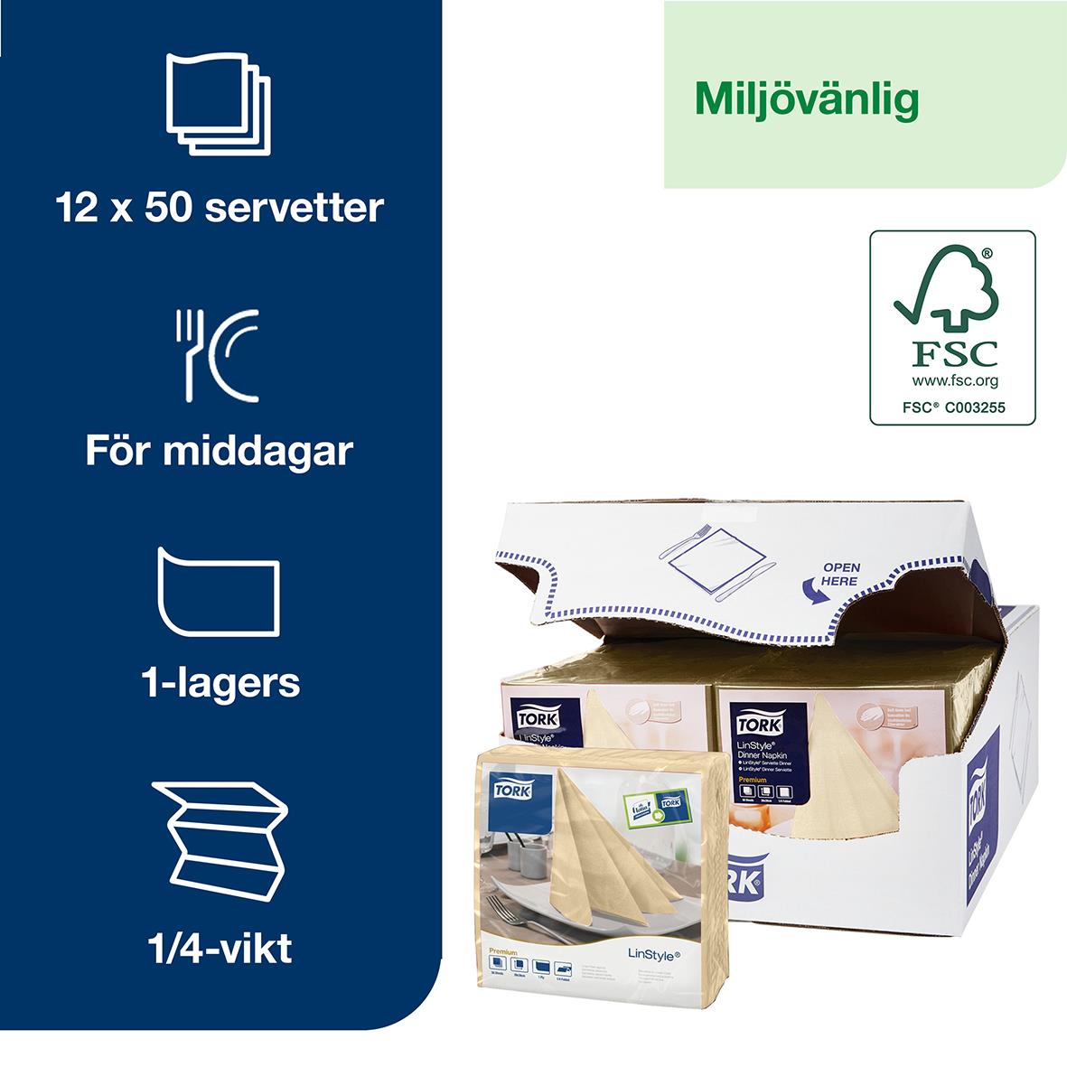 Servett Tork LinStyle 1/8 Vikt Creme 39x39cm för middagar, 12x50 servetter, miljövänlig FSC-märkning