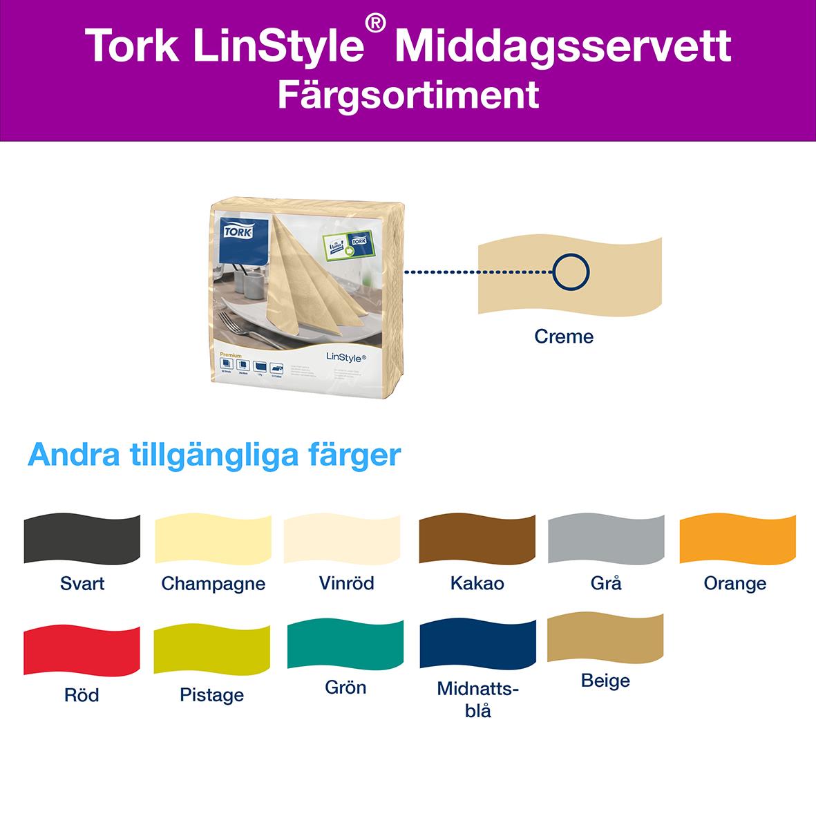 Servett Tork LinStyle 1/8 Vikt Creme 39x39cm, visar förpackning och färgprover för olika tillgängliga färger