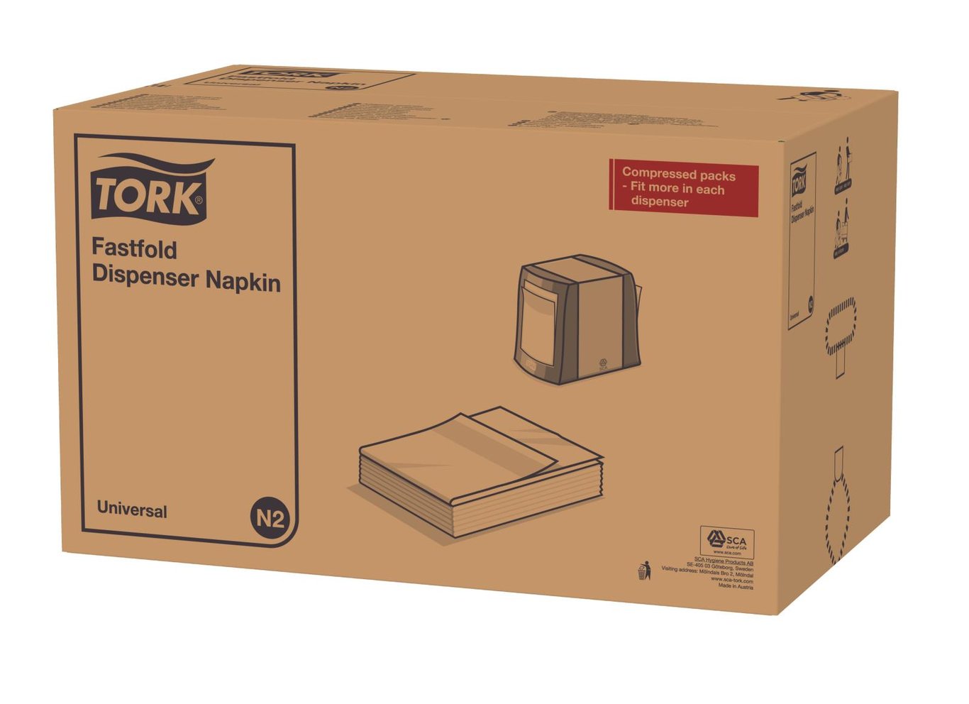 Förpackning med Tork N2 dispenserservetter i vit 1-lags 30x24cm, i kartong