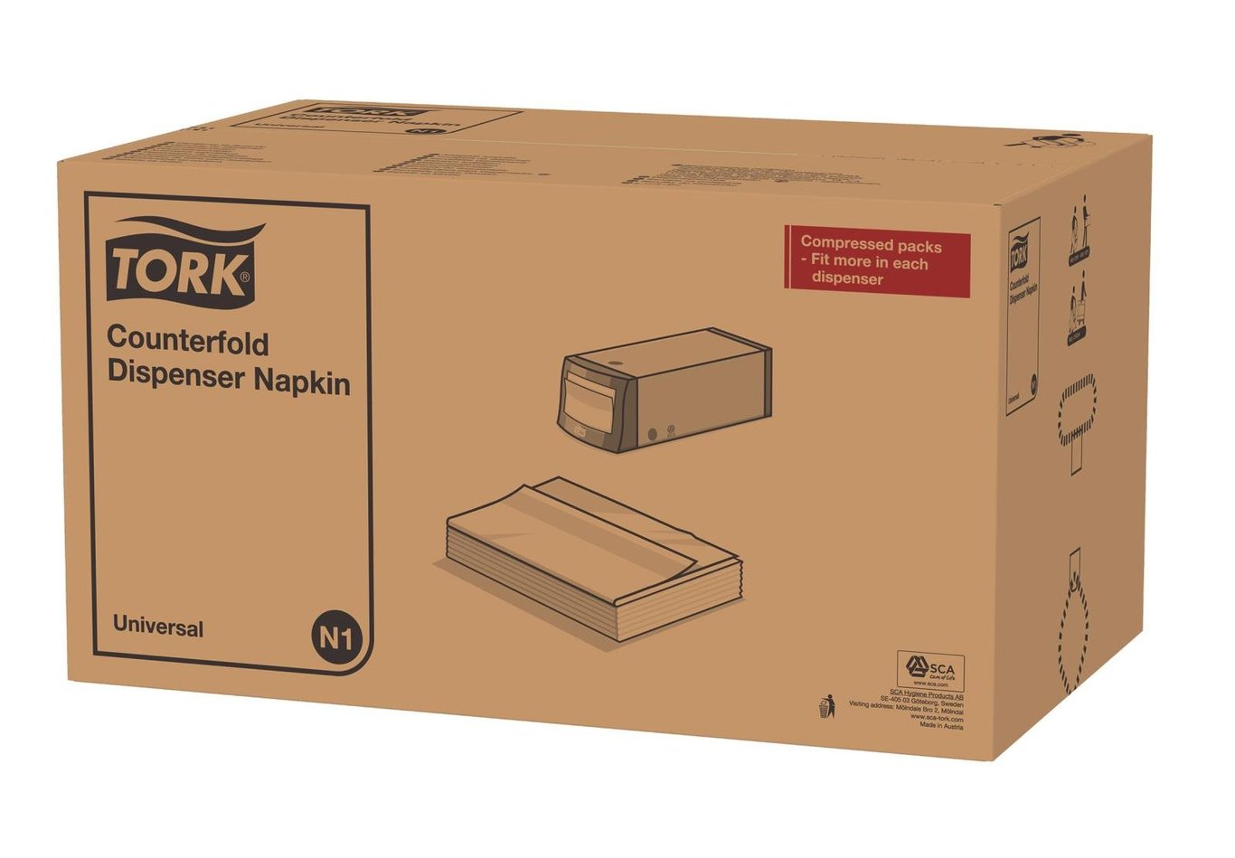 Förpackning med Tork N1 dispenserservetter i 1-lags vit 33x30cm