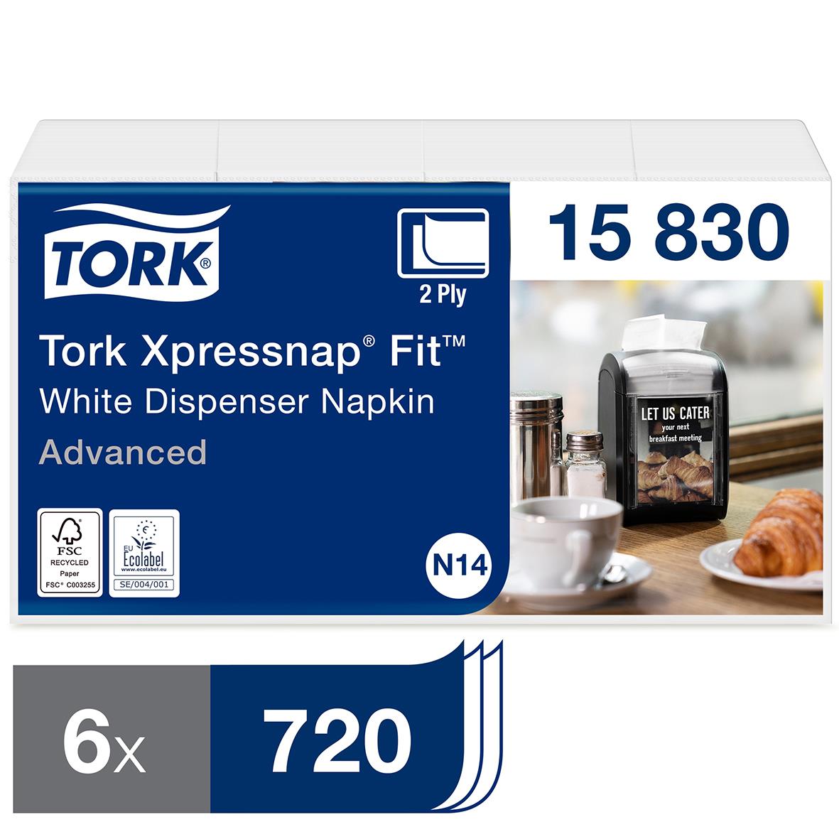 Dispenserservett Tork N14 2-lag Vit 16,5x21,3cm