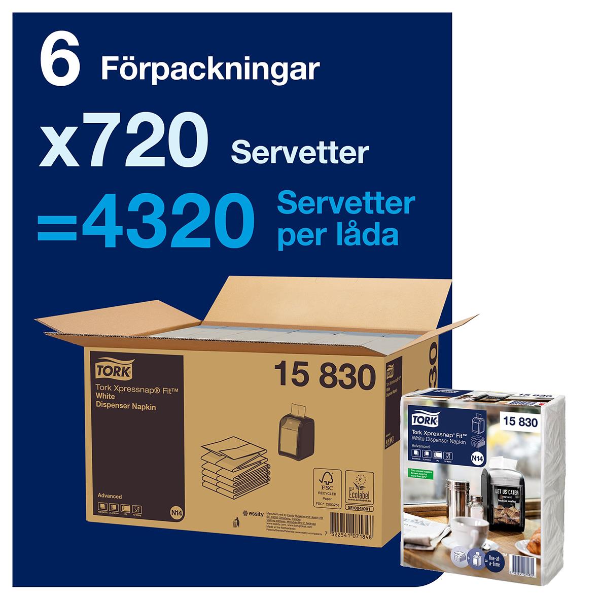 Dispenserservett Tork N14 2-lag Vit 16,5x21,3cm i kartong för 4320 servetter