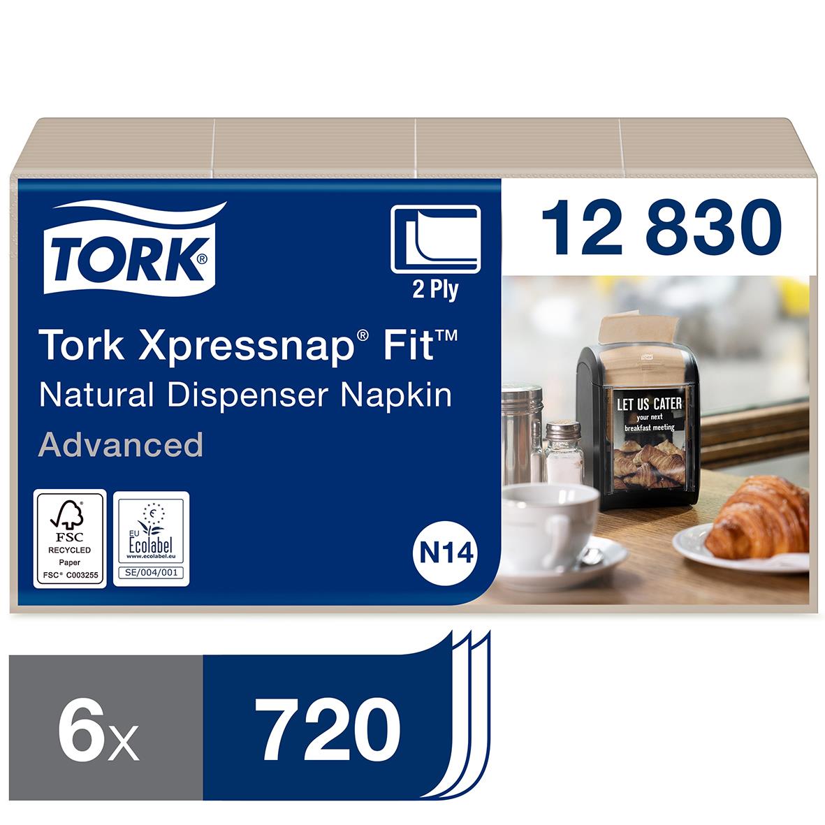 Dispenserservett Tork N14 2-lag Natur 16,5x21,3cm i förpackning med 6 paket och 720 ark
